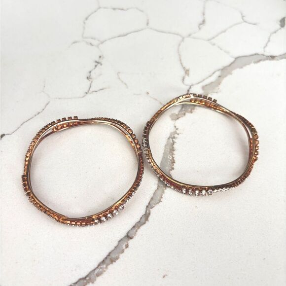 Pair of Gold Tone Bangle Bracelet Rhinestones Jeweled Shiny Sparkle Set of 2 - Picture 2 of 11